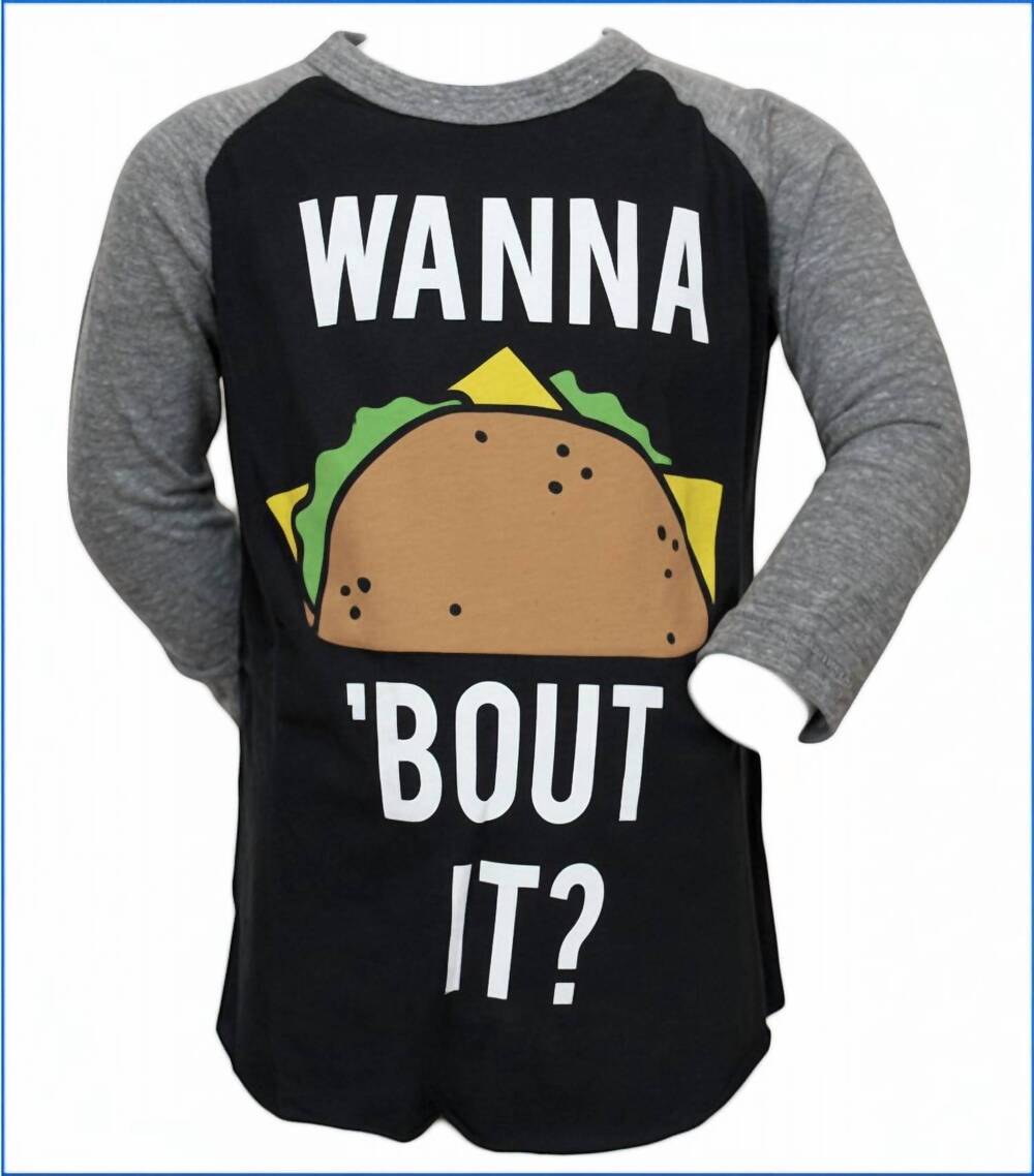 NEW JUNK FOOD kids wanna taco bout it raglan tee in black